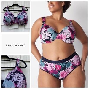 Lane Bryant Cacique Floral Lightly Lined‎ Full Coverage Bra 42H Navy Underwire